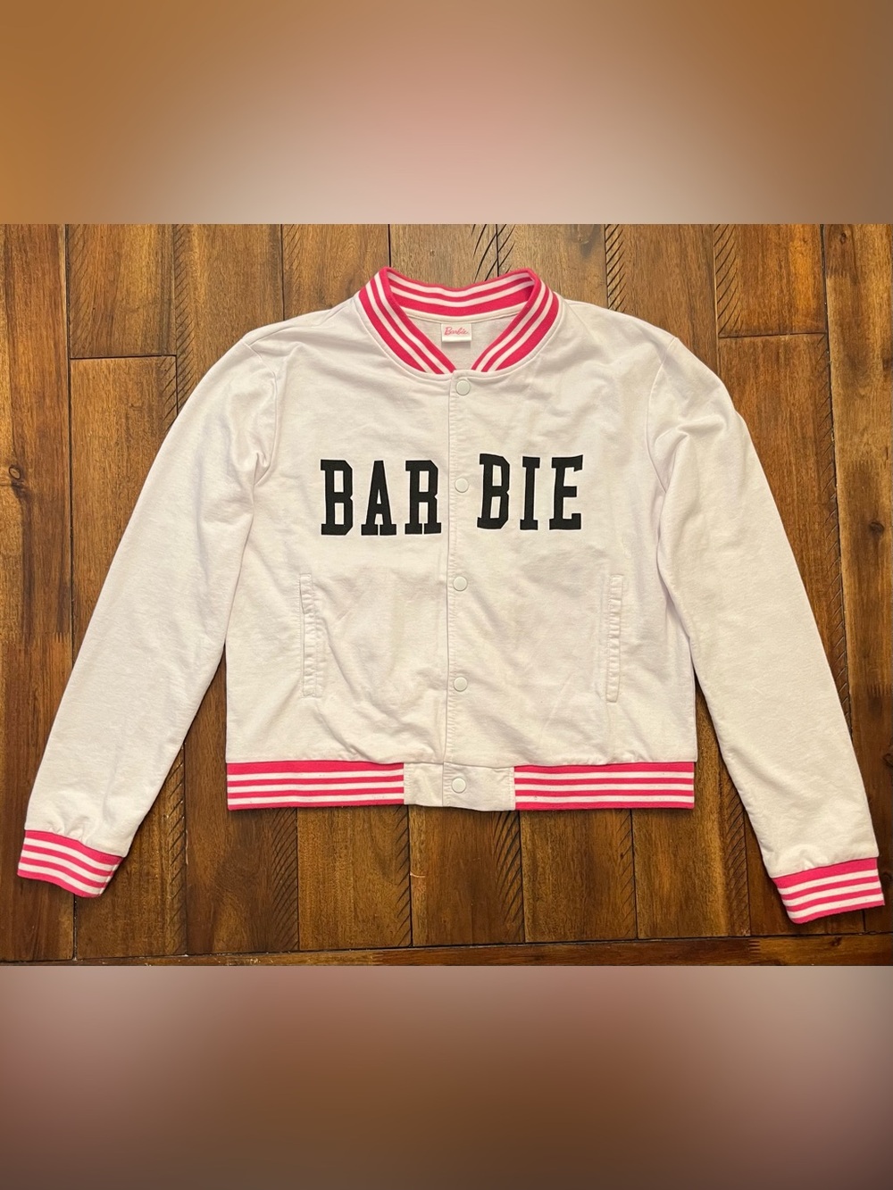 Barbie White Varsity Jacket with Pink Trim and Black Lettering - Picture 3 of 12